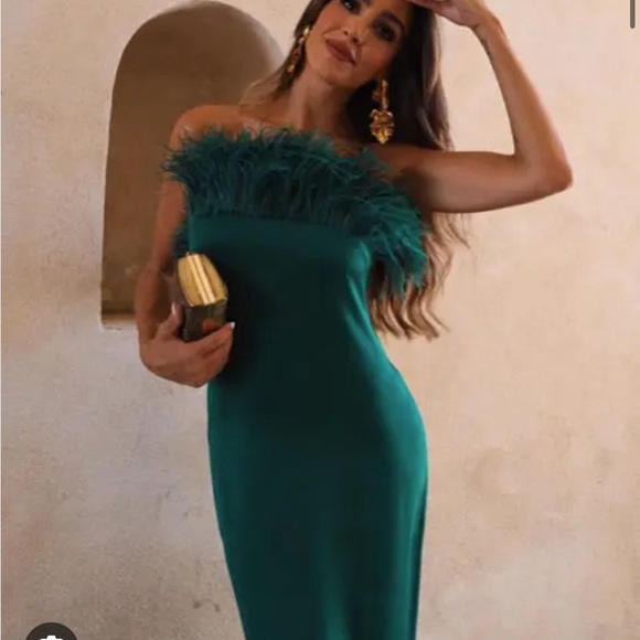 ZARA WOMAN MIDI FITTED SATIN DRESS WITH FEATHERS BOTTLE GREEN 7844/934 NWT - Picture 5 of 10